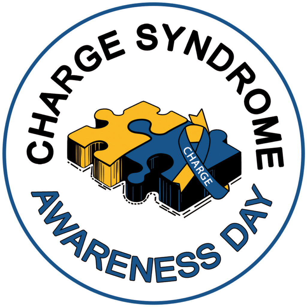 CHARGE Syndrome Awareness Day logo depicting two connected jigsaw puzzle pieces – yellow one and blue one.